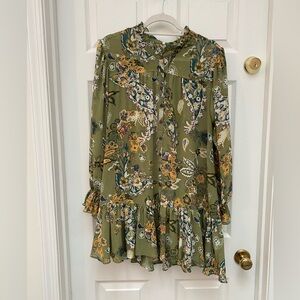 Free People Ibiza Nights Olive Floral Long Sleeve Sheer Dress - XS